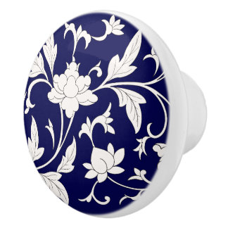 Bouton De Porte En Céramique Chinoiserie Florale Bleu&Blanc