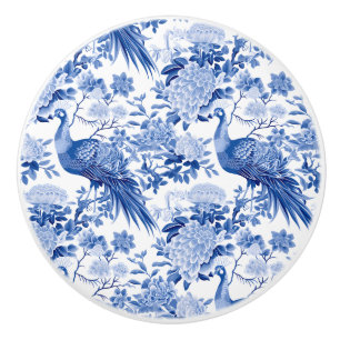 Bouton De Porte En Céramique Chinoiserie Florale Oiseaux Paon Bleu Blanc