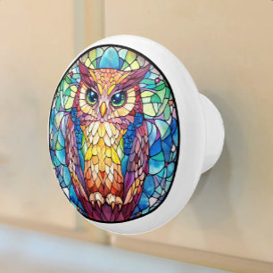 Bouton De Porte En Céramique Chouette à l'aquarelle Verre teinté