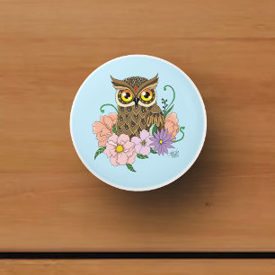 Bouton De Porte En Céramique Chouette aux fleurs pastel de printemps