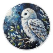 Bouton De Porte En Céramique Chouette blanche sur branche dans la peinture lune (Devant)