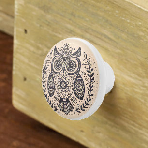 Bouton De Porte En Céramique Chouette d'art populaire nordique Beige Noir