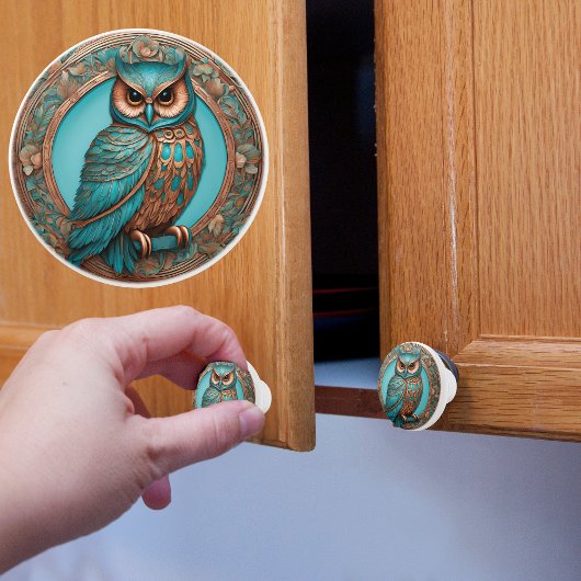 Bouton De Porte En Céramique Chouette turquoise