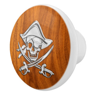Bouton De Porte En Céramique Chrome Pirate sur Nautical Teck Wood Grain Imprime