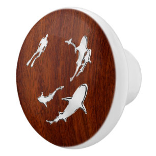 Bouton De Porte En Céramique Chrome requins sur le grain d'acajou nautique Impr