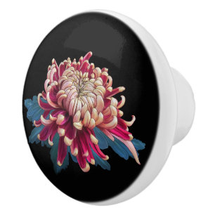 Bouton De Porte En Céramique chrysanthème japonais rouge et jaune noir