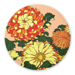 Bouton De Porte En Céramique Chrysanthèmes japonais, Mandarin Orange et or