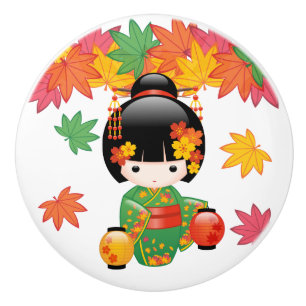 Bouton De Porte En Céramique Chute Poupée Kokeshi - Green Kimono Geisha Girl