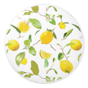 Bouton De Porte En Céramique Citron et feuille 2 d'aquarelle