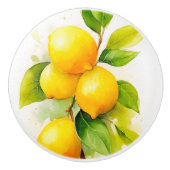 Bouton De Porte En Céramique Citrons d'aquarelle et Feuilles verts (Devant)