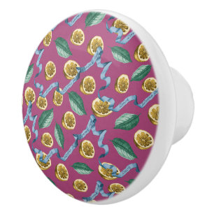 Bouton De Porte En Céramique Citrons et rubans bleus motif