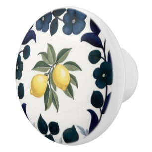 Bouton De Porte En Céramique Citrons traditionnels bleu foncé et floral blanc