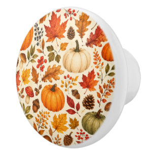 Bouton De Porte En Céramique Citrouilles aquarelles d'automne, feuilles d'autom