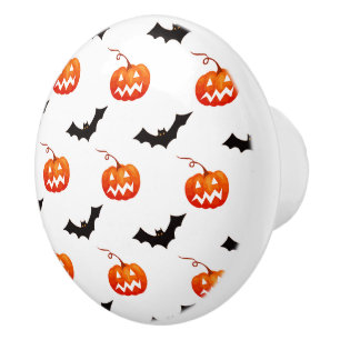 Bouton De Porte En Céramique Citrouilles et chauves-souris d'Halloween, Trou ou