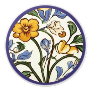 Bouton De Porte En Céramique Classique Fleur Jaune Bleu Floral