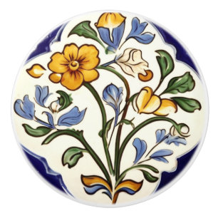 Bouton De Porte En Céramique Classique Fleur Jaune Bleu Floral