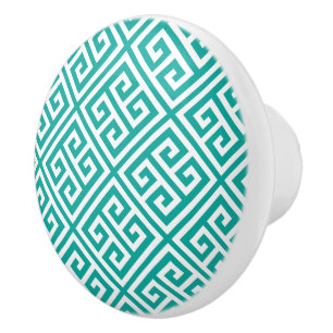 Bouton De Porte En Céramique Clé grecque turquoise