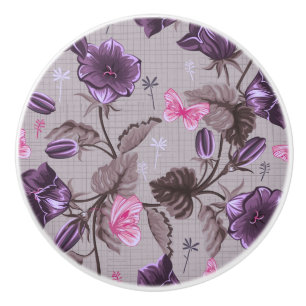 Bouton De Porte En Céramique cloches de main violettes et motif de papillons