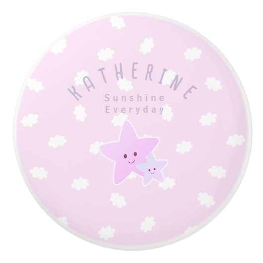 Bouton De Porte En Céramique Cloud Stars Bébé Pastel Rose (Devant)