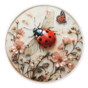 Bouton De Porte En Céramique Coccinelle Fleurs Papillon Art Déco