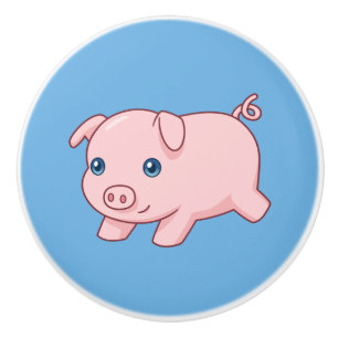 Bouton De Porte En Céramique Cochon Mignon en Course sur Fond Bleu