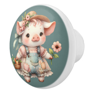 Bouton De Porte En Céramique Cochonnet Pastel Mignon en Salopette Cottagecore