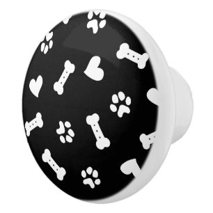 Bouton De Porte En Céramique Coeur Chien Paws Et Os Noir 