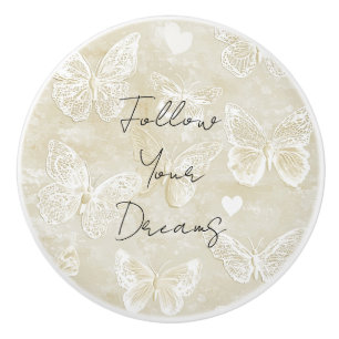 Bouton De Porte En Céramique Cœurs Papillons Blanc Crème Romantique