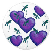 Bouton De Porte En Céramique Coeurs pourpres et libellules (Devant)
