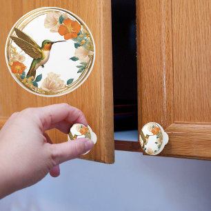 Bouton De Porte En Céramique Colibri dans un cadre floral circulaire