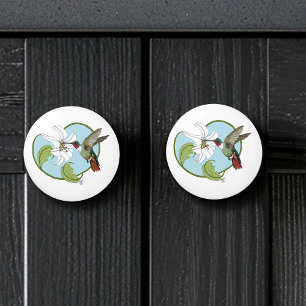 Bouton De Porte En Céramique Colibri Lily Blue Art Nouveau