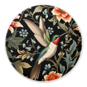 Bouton De Porte En Céramique Colibri magnifique sur fond floral sombre