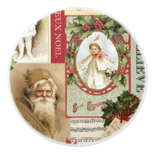 BOUTON DE PORTE EN CÉRAMIQUE COLLAGE DE NOËL VINTAGE