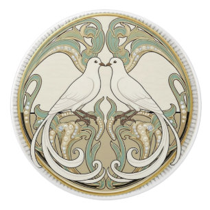 Bouton De Porte En Céramique Colombe blanche Art Déco Nouveau vert sauge or