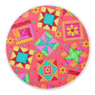 Bouton De Porte En Céramique Coloré Coral Rouge Quilt Patchwork Block Art
