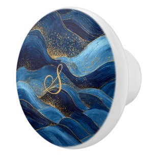 Bouton De Porte En Céramique Conception artistique de monogramme vague or bleu