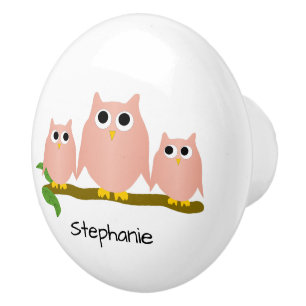 Bouton De Porte En Céramique Conception de hibou rose personnalisée