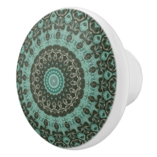 Bouton De Porte En Céramique Conception de motif mandala vert antique