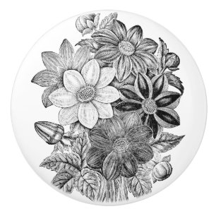 Bouton De Porte En Céramique Copie blanche de noir vintage de fleurs