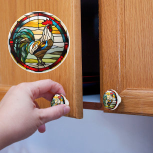 Bouton De Porte En Céramique Coq en faux vitrail