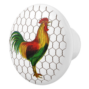 Bouton De Porte En Céramique Coq vintage de fil de poulet de ferme de pays