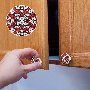 Bouton De Porte En Céramique Coquelicots rouges et blancs sur fond noir