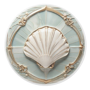 Bouton De Porte En Céramique Coquillage Art Nouveau Faux Relief Mint Bleu & Or