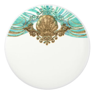 Bouton De Porte En Céramique Coquillage doré et sarcelle Glam Beach Décoration