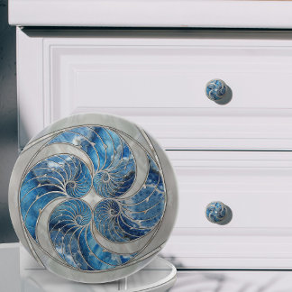 Bouton De Porte En Céramique Coquille de Nautilus Bleu Marbre et Nacre