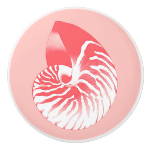 Bouton De Porte En Céramique Coquille de Nautilus - corail rose et blanc