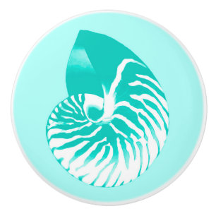 Bouton De Porte En Céramique Coquille de Nautilus - turquoise, aqua et blanche
