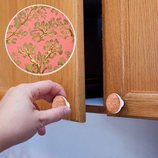 Bouton De Porte En Céramique Corail avec algue dorée