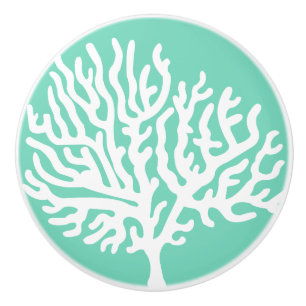 Bouton De Porte En Céramique Corail de mer blanche et vert côtiers en verre de