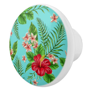 Bouton De Porte En Céramique Corail Tropical Hibiscus Fleur Sur Turquoise